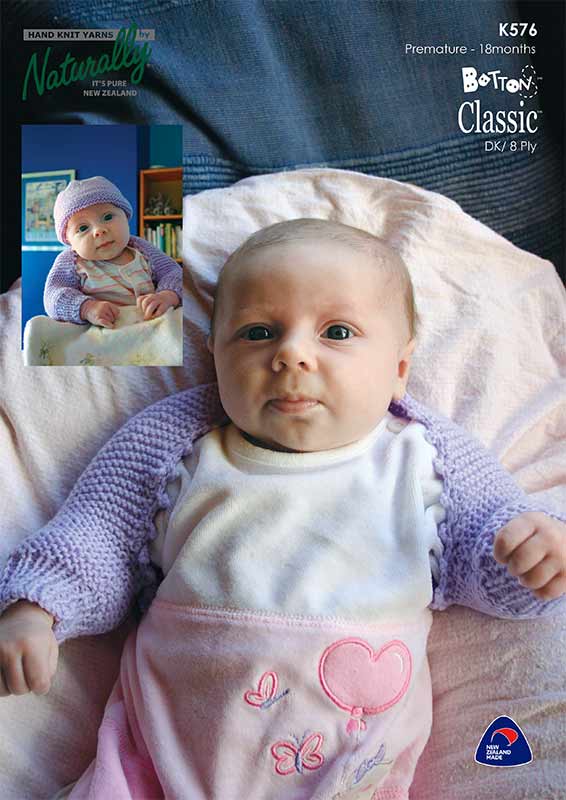 Naturally Knitting Pattern K576 - Babies Shrug & Hat in 8-ply / DK for Premie to 18 months
