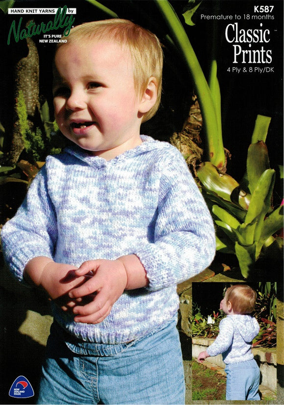 Naturally Knitting Pattern K587 - Babies Hooded Pullover in 4-ply / Fingering and 8-ply / DK for Ages Premie to 18 months