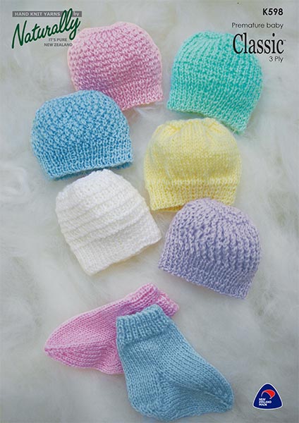 Naturally Knitting Pattern K598 - Premie Baby Hats and Socks in 3-ply / Light Fingering