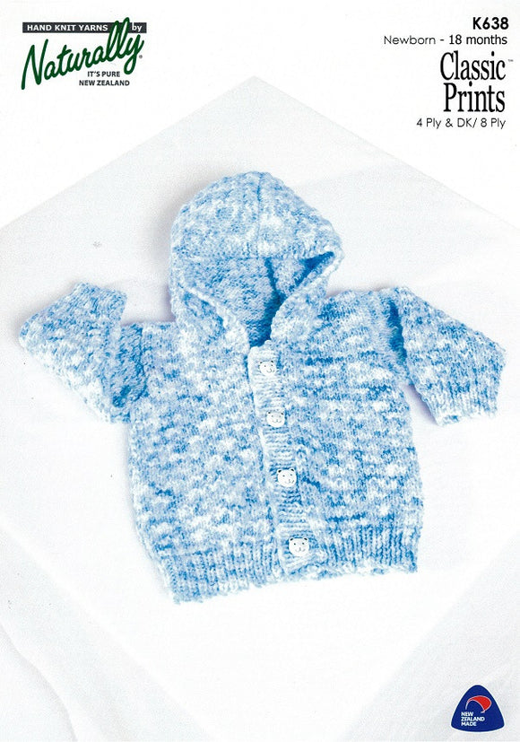 Naturally Knitting Pattern K638 - Babies Hooded Cardigan in 4-ply / Fingering and 8-ply / DK for Newborn to 18 months