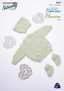 Naturally Knitting Pattern K659 - Babies Cardigan, Hat & Booties in 4-ply / Fingering for ages Premie  to 12 months