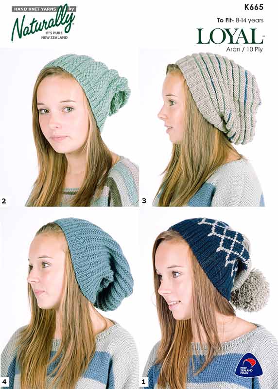 Naturally Knitting Pattern K665 - Child's Slouchy Hats / Beanies for ages 8-14 in 10-ply / Worsted-weight
