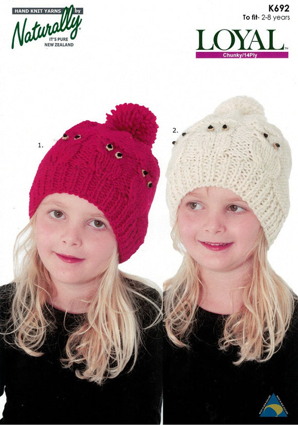 Naturally Knitting Pattern K692 - Childrens Cabled Owl Hats in 14-ply / Chunky for ages 2-8