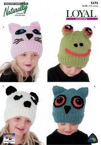 Naturally Knitting Pattern K696 - Childrens Cat, Frog, Panda and Owl Hats in 14-ply / Chunky for ages 2-8