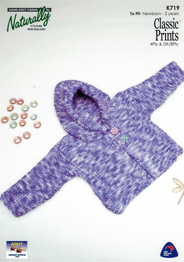 Naturally Knitting Pattern K719 - Babies Hooded Cardigan in 4-ply / Fingering and 8-ply / DK for Ages Newborn to 2 years