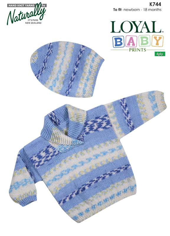 Naturally Knitting Pattern K744 - Babies Pullover Jumper with Shawl Collar and Hat in 4-ply / Fingering for ages 0 to 18 months
