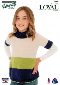 Naturally Knitting Pattern K761 - Girls Flared Three-tone Top in 8-ply /DK for Ages 8-14