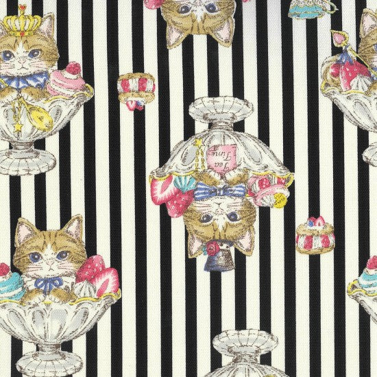 A fabric with a striped design featuring illustrations of kittens in sundae glasses with various toppings such as strawberries and umbrellas.