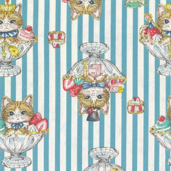 A fabric with a striped design featuring illustrations of kittens in sundae glasses with various toppings such as strawberries and umbrellas.