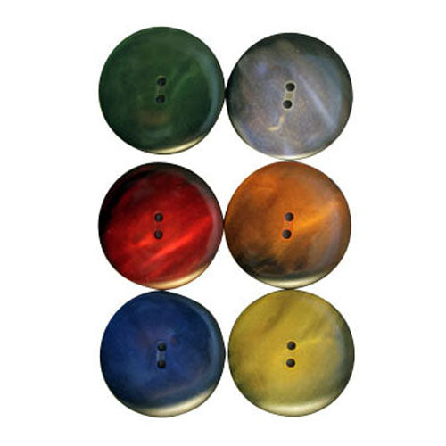 An array of round, two-hole coat buttons in various colors including green, gray, red, blue, and yellow.
