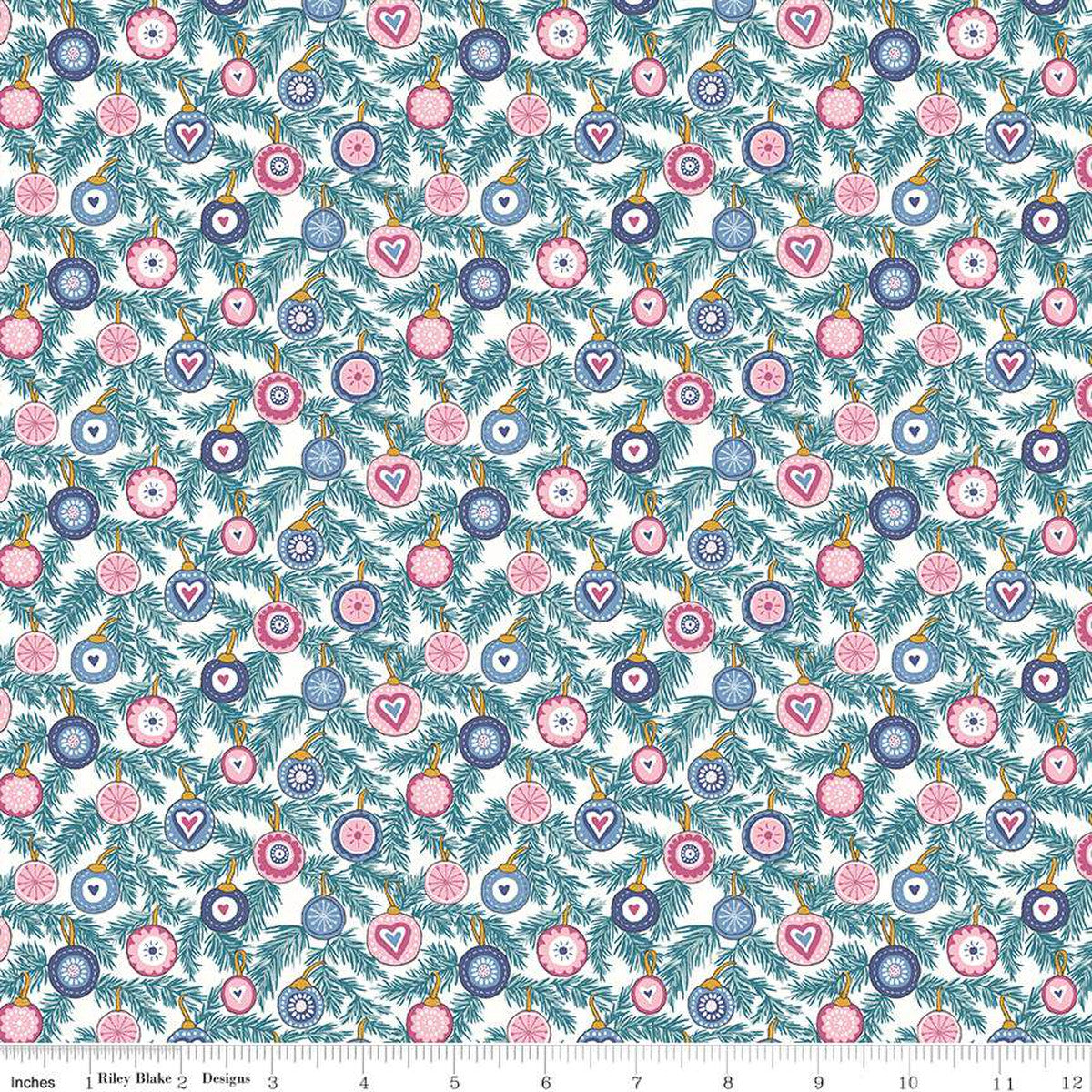 A Liberty of London quilting fabric with a Christmas-themed design featuring various festive motifs in pinks and turquoise on a white background.
