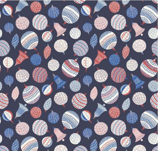 A Quilt fabric from Liberty of London with a Christmas theme, featuring baubles and festive designs on a blue background.