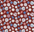 A Quilt fabric from Liberty of London with a Christmas theme, featuring baubles and festive designs on a red background.