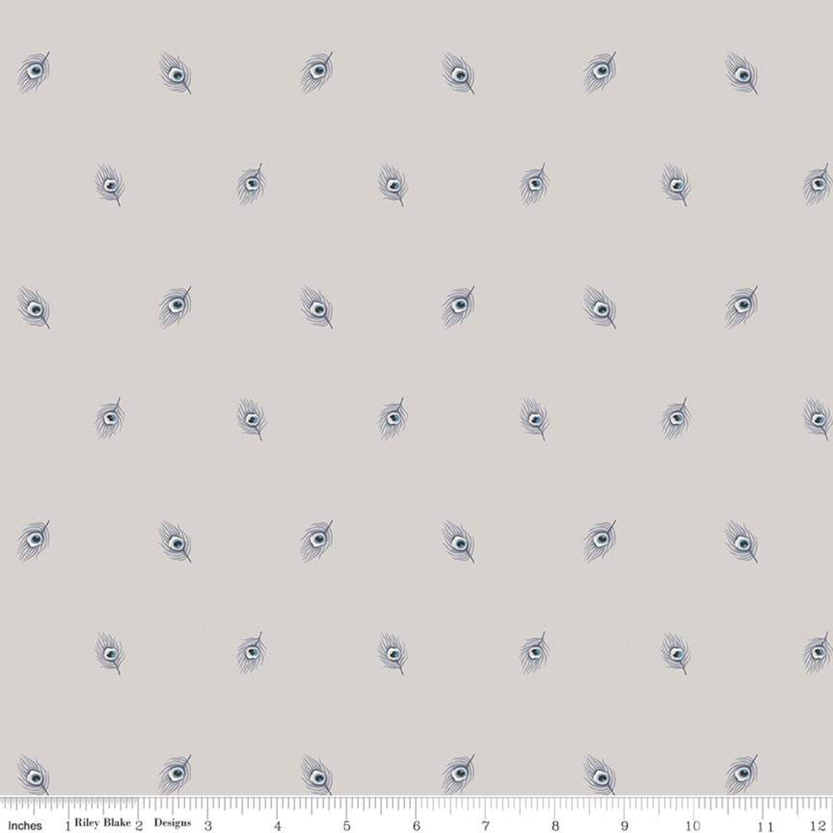 Quilting fabric from the Liberty Fabrics Emporium Collection featuring a grey background with a peacock feather design.