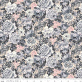 Quilting fabric from the Liberty of London Emporium Collection featuring a floral design in shades of grey pink and white.