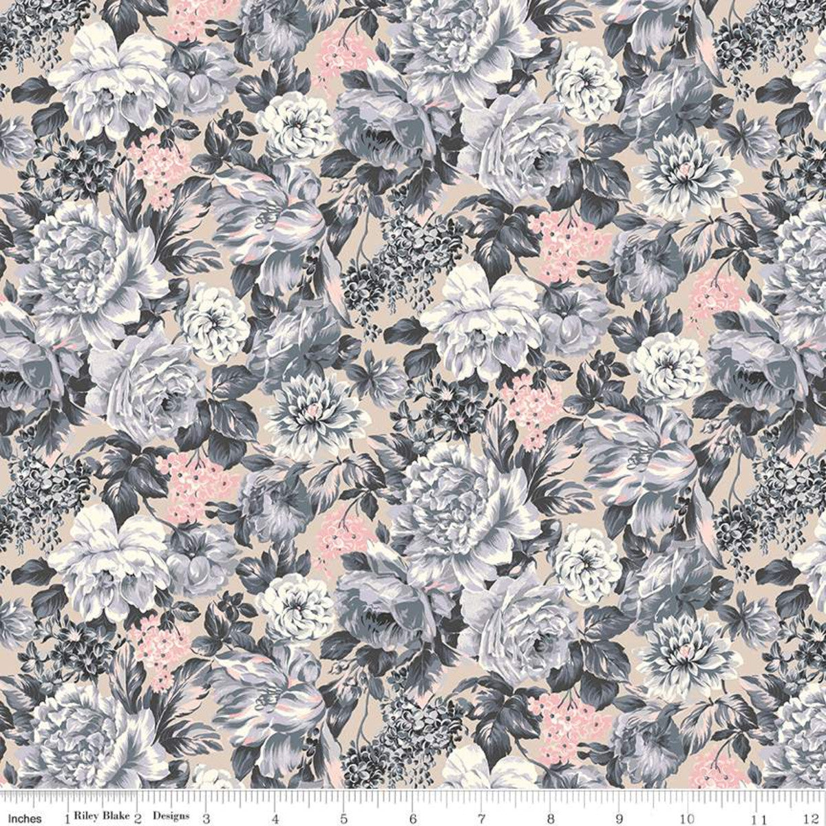 Quilting fabric from the Liberty of London Emporium Collection featuring a floral design in shades of grey pink and white.