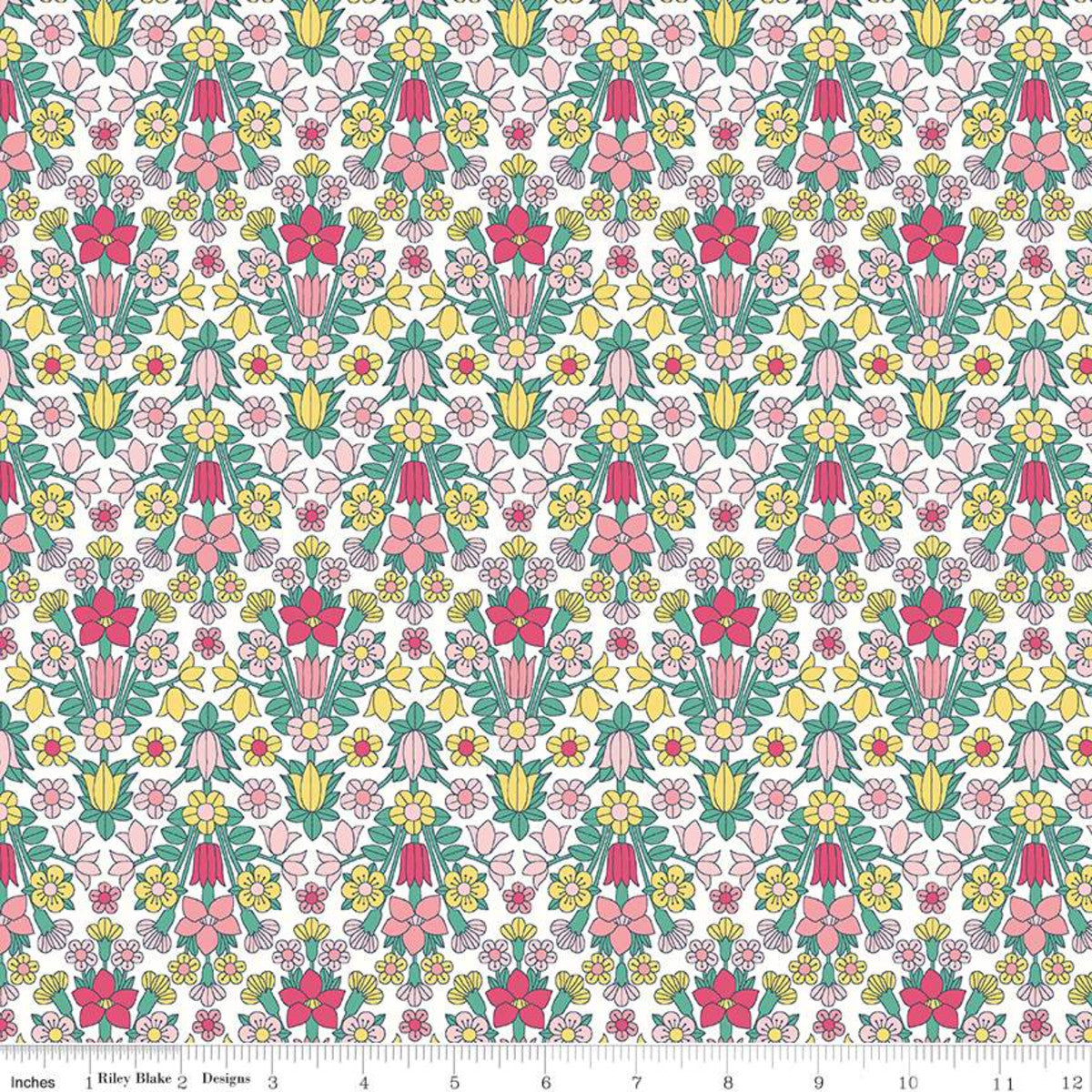 A Liberty of London floral pattern fabric featuring a repeating design of flowers in pinks and greens on a white background.