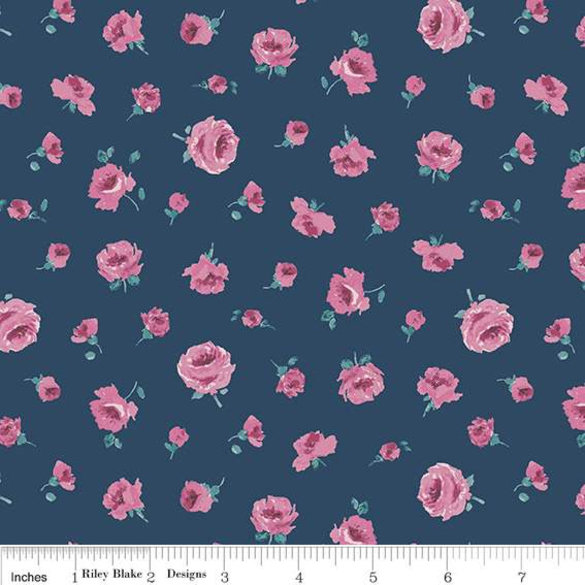 A quilting fabric featuring a geometric design with pink flowers on a dark blue background, labeled 'Liberty' and indicating inches on the side.