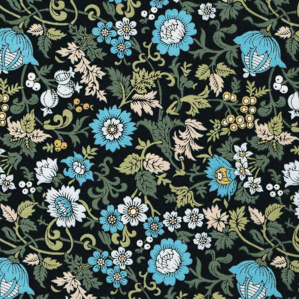 A quilting fabric from the Liberty of London collection featuring a dark floral design with blue and white flowers on a dark background.