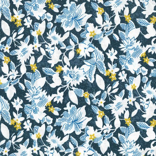 A quilting fabric from the Liberty of London collection featuring a dark floral design with blue and white flowers on a blue background.