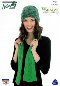Naturally Knitting Pattern N1311 - Ladies Hat and Scarf with leaf pattern in 4-ply / Fingering