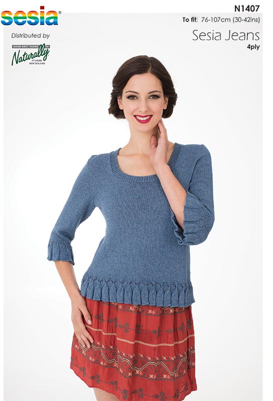 Naturally Knitting Pattern N1407 - Ladies Top with Peplum and 3/4 length Sleeves in Cotton 4-ply / Fingering weight