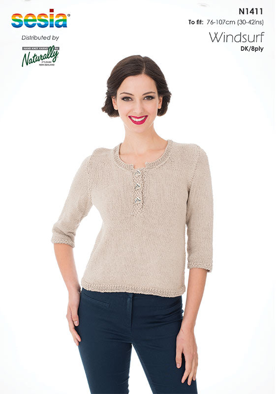 Naturally Knitting Pattern N1411 - Ladies Top with Henley Collar and 3/4 Sleeves in Cotton 8-ply / DK