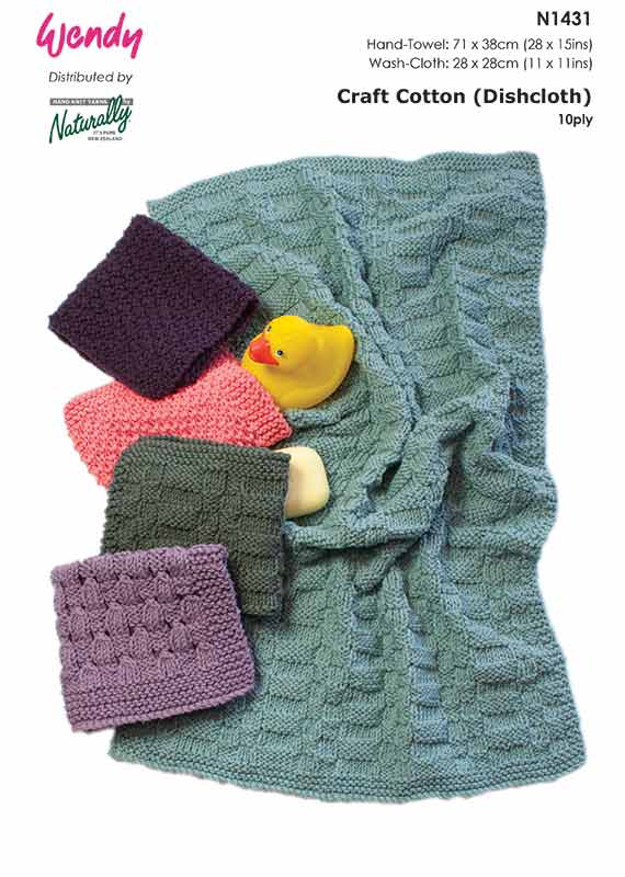 Wendy Knitting Pattern N1431 - Wash Cloth and Hand Towel in 10-ply / Worsted-weight Cotton