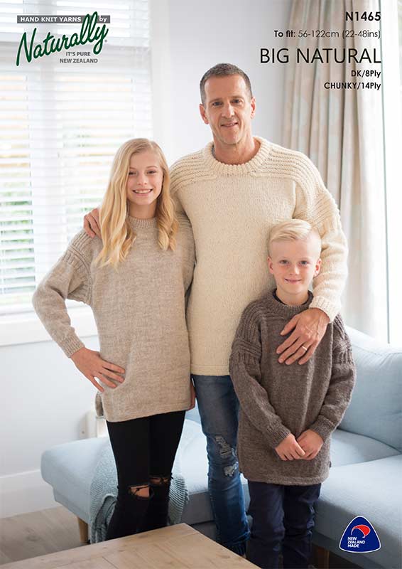 Naturally Knitting Pattern N1465 - Adult and Childs Pullover in 8-ply / DK or 14-ply / Chunky