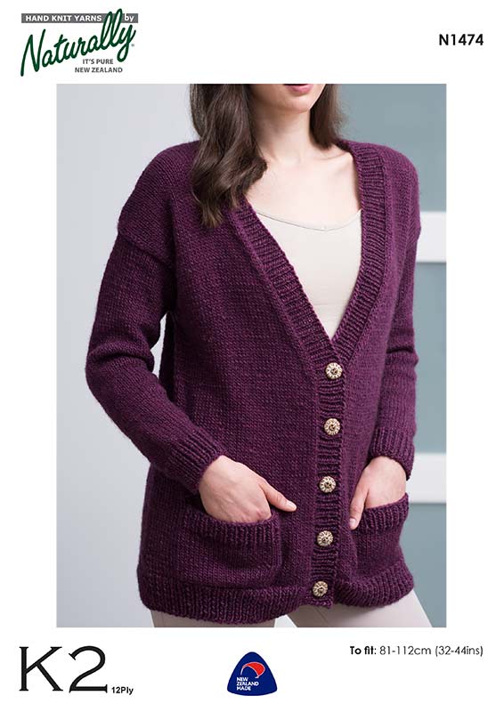 Naturally Knitting Pattern N1474 - Ladies V-neck Cardigan with Pockets in 12-ply / Aran weight