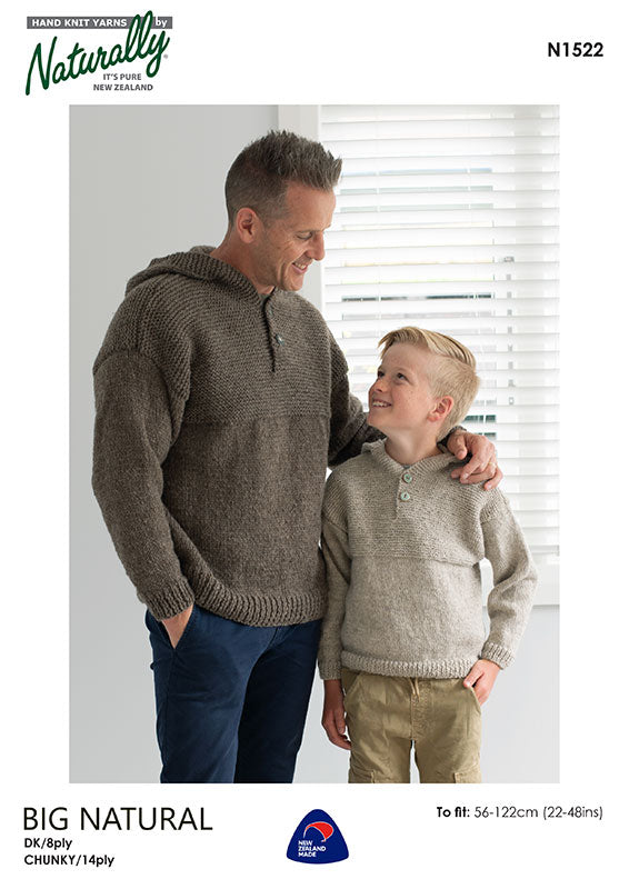 Naturally Knitting Pattern N1522 - Adult & Childs Hoodie Pullover in 8-ply / DK or 14-ply / Chunky