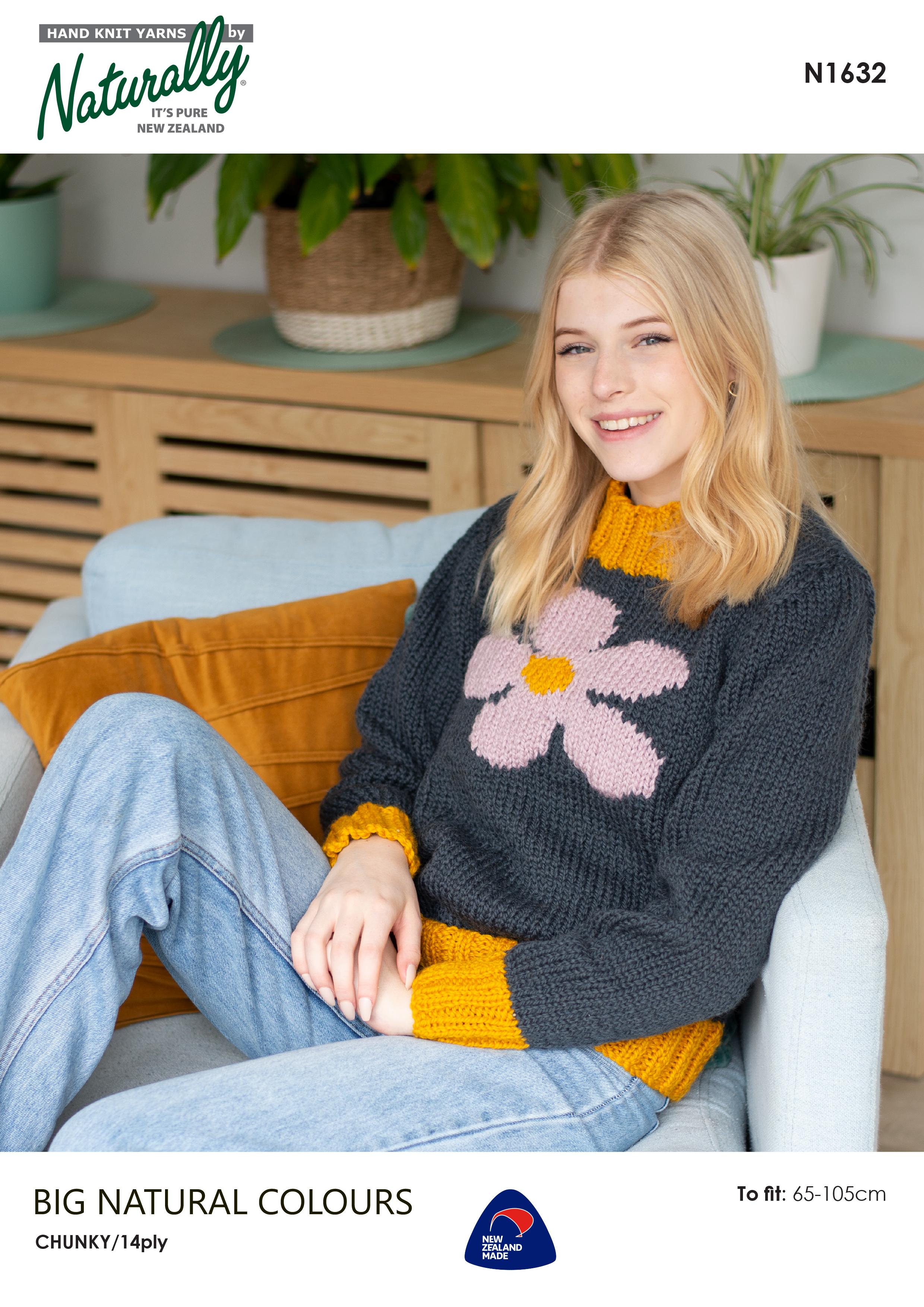 Naturally Knitting Pattern N1632 - Ladies Flower Power Jumper in 14-ply / Chunky