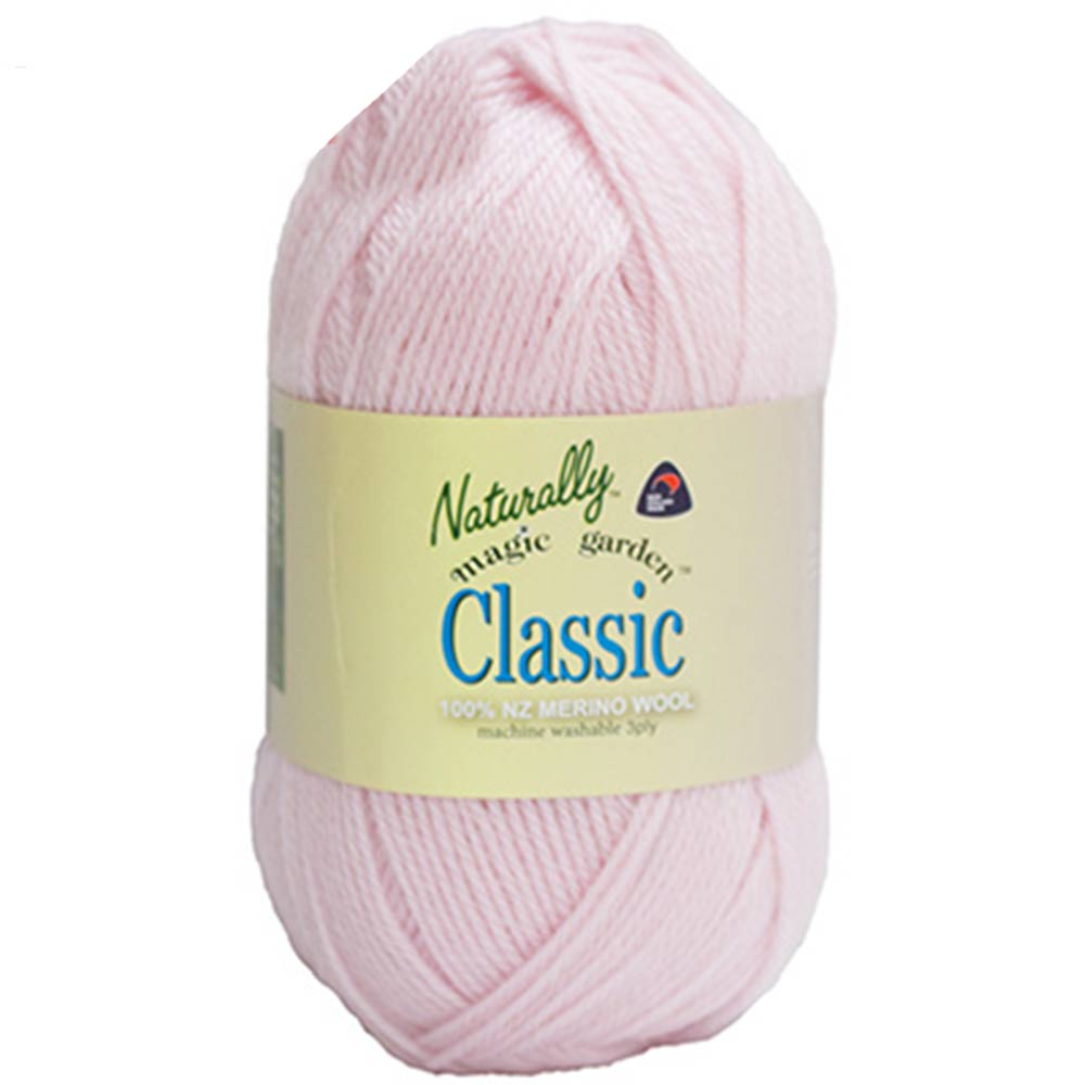 A skein of pink-colored yarn labeled 'Naturally Classic - 100% New Zealand Merino - 3 ply / Light Fingering'.