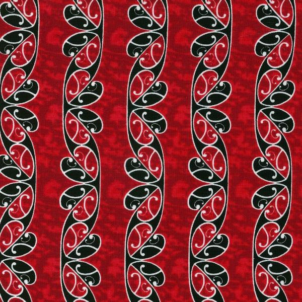 A Quilt Fabriced fabric featuring the Maori Koru design in black and white on a red background.