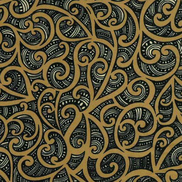 Fabric with a Maori pattern in black, white, and chestnut colors
