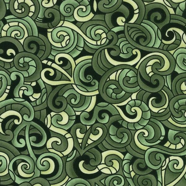 Quilt fabric featuring a traditional Maori Moko design in green tones
