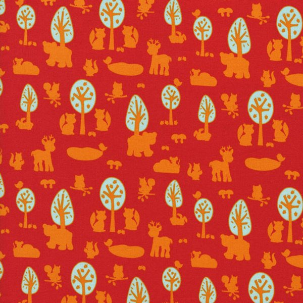Quilt Fabric with a red background featuring orange and turquoise animal designs, part of the Woodland Park range.