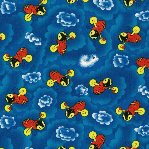 A blue quilting fabric with a repeated design of buzzy bees and clouds in a children's clothing or quilting design.