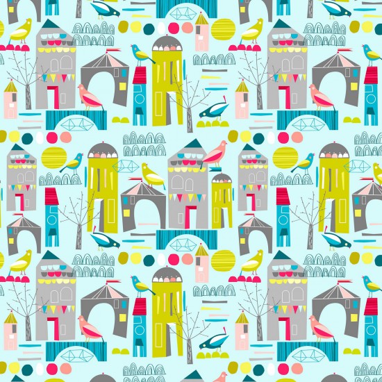 A Quilt fabric featuring an illustration of houses and Kereru (Wood Pigeons) on a blue background.