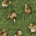 Quilt Fabric with a green background featuring illustrations of kiwi birds.