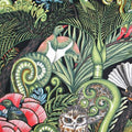 A printed quilting fabric featuring a variety of New Zealand native birds including our native Owls, Tui, and Wood Pigeons in the forest on an onyx black background.