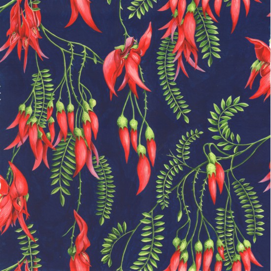 A navy-colored quilting fabric with a design of New Zealand native Kaka Beak flowers in green and red.
