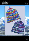 A colorful striped pixie hat pattern displayed on a background with a mountain range, indicating the product is for knitting or crocheting hats in various sizes.