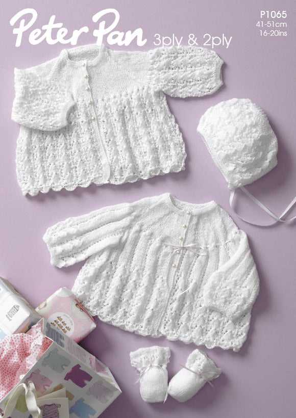 Peter Pan Knitting Pattern P1065 - Babys Layette Set in 2-ply and 3-ply yarns
