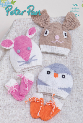Peter Pan Knitting Pattern P1240 - Babys Booties & Bunny, Cat and Penguin Hats in 8-ply / DK