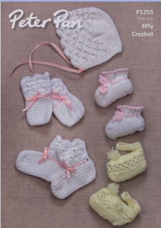 Peter Pan Crochet Pattern P1255 - Babys Crocheted Hat and Booties in 4-ply / Fingering