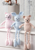 Three hand-knitted toys in the shapes of a cat, a bunny, and a bear, in a pink, blue, and brown color scheme, made from cotton yarn.