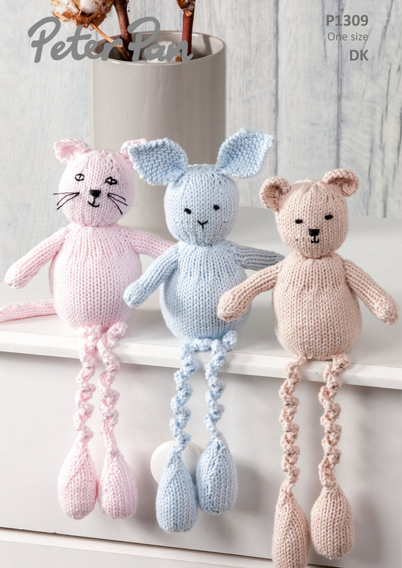 Peter Pan Knitting Pattern P1309 - Cat, Bunny and Bear toys in 8-ply / DK Cotton