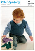 A product image featuring a child wearing a blue knitted sweater with a V-neck design, alongside a close-up of the knitted fabric showing the texture and color.