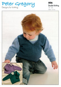 Peter Gregory 806 - Three sweaters for 0 - 3 years - V-neck, V-neck with insert and round neck - DK / 8-ply